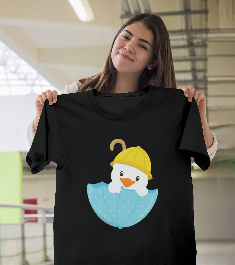 Duck Baby in Yellow Hat with Blue Polka Dot Umbrella T-Shirt