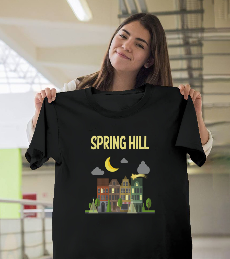 Spring Hill Night Cityscape Under Crescent Moon and Shooting Star T-Shirt