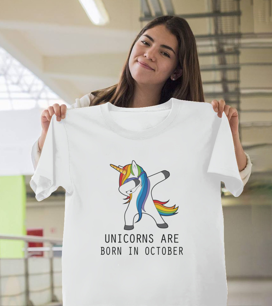 Unicorns Are Born in October Dabbing Rainbow Mane T-Shirt