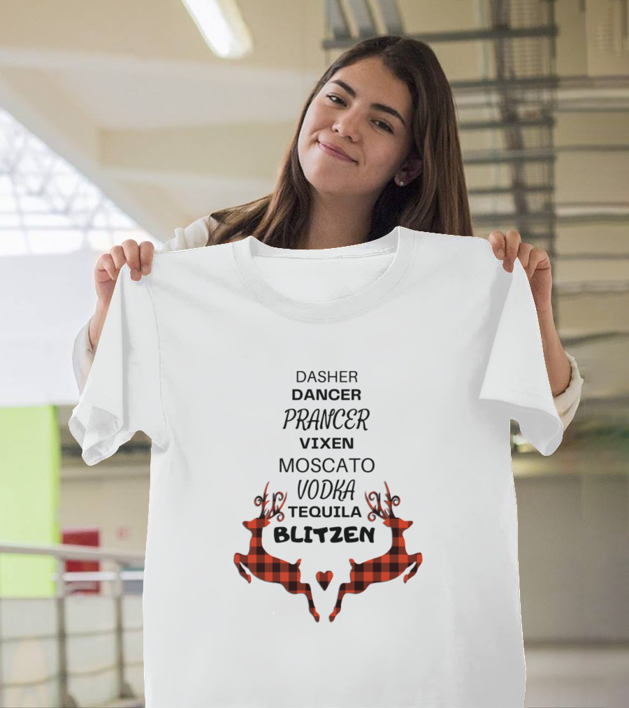 Dasher Dancer Prancer Vixen Moscato Vodka Tequila Blitzen Buffalo Plaid Reindeer T-Shirt