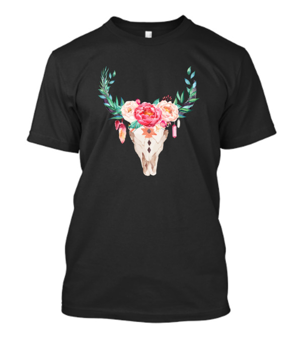 Cow Skull Sugar Flowers Roses Halloween T-Shirt