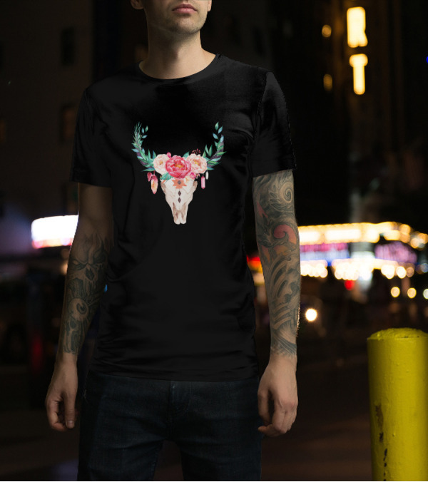 Cow Skull Sugar Flowers Roses Halloween T-Shirt