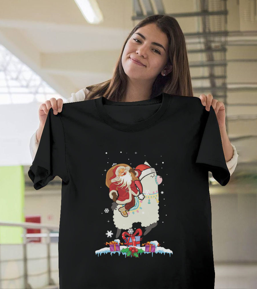 Santa Claus Riding Llama with Snowflakes and Presents T-Shirt