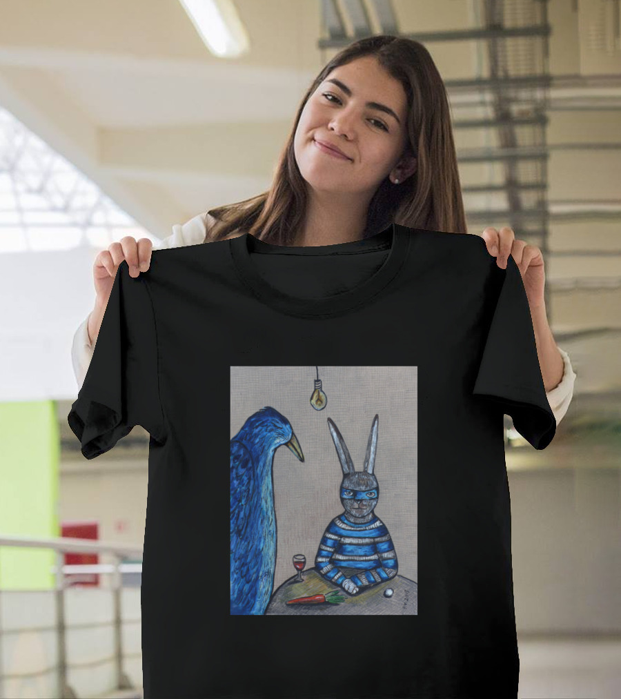 Blue Bird and Masked Rabbit Under Lightbulb with Wine and Carrot T-Shirt