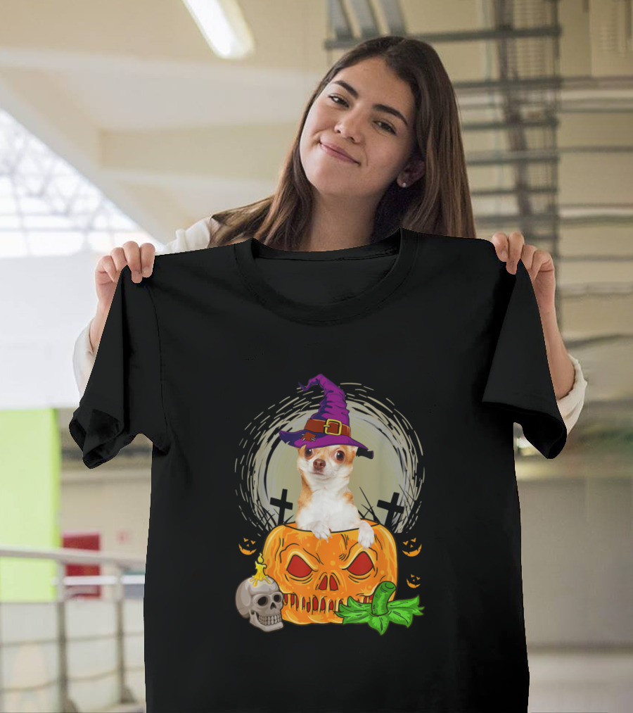 Chihuahua Witch Pumpkin Halloween Skull Moon Crosses T-Shirt