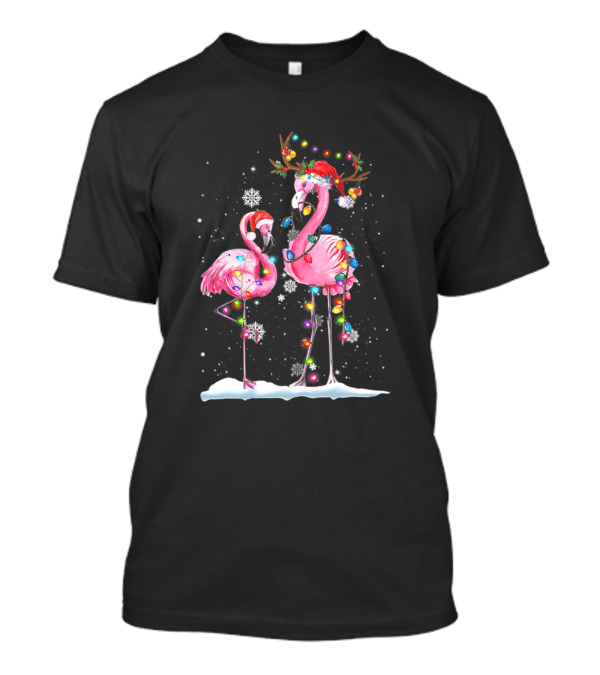 Santa Hat Flamingo Christmas Snowflakes Light Strings Holiday Scene T-Shirt