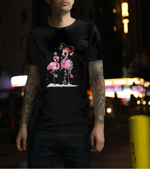 Santa Hat Flamingo Christmas Snowflakes Light Strings Holiday Scene T-Shirt