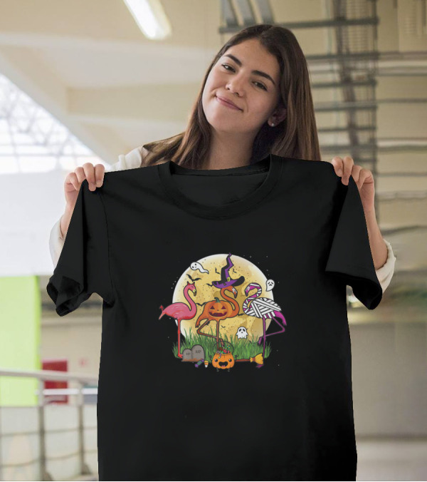 Flamingo Witch Mummy Pumpkin Halloween Moon T-Shirt
