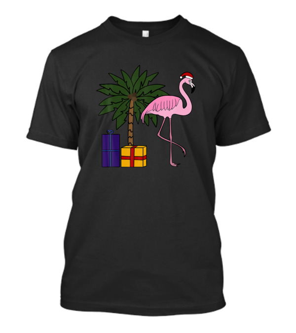Flamingo With Santa Hat And Palm Tree With Christmas Gifts T-Shirt