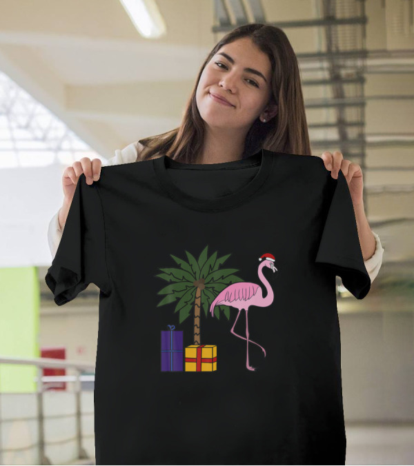 Flamingo With Santa Hat And Palm Tree With Christmas Gifts T-Shirt