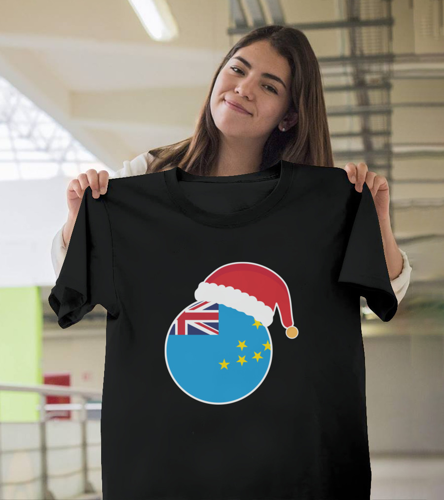 Santa Hat on Tuvalu Flag Christmas T-Shirt
