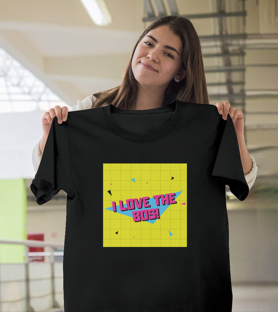 I Love The 80s Yellow Grid with Colorful Geometric Shapes T-Shirt