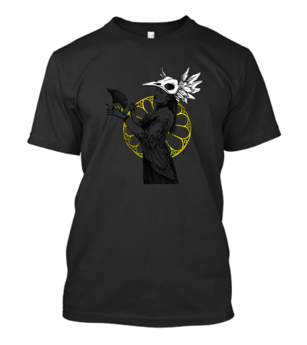 Witch With Crow Plague Doctor Mask Feather Headdress Yellow Circle T-Shirt