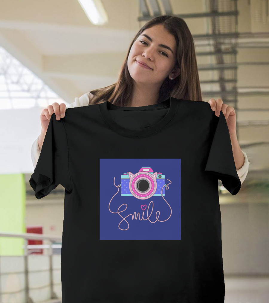 Cute Cat Ear Camera Graphic with Smile T-Shirt