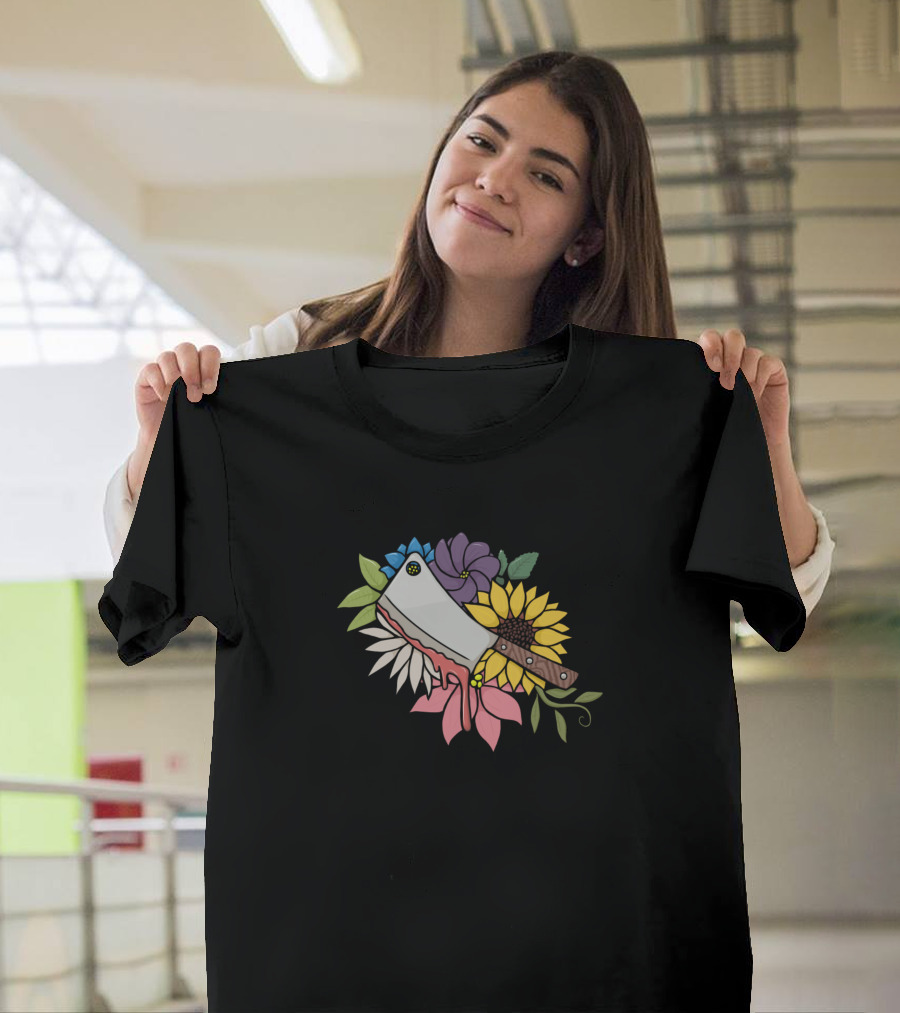 Flower Cleaver with Vibrant Blooms and Blood Drip T-Shirt