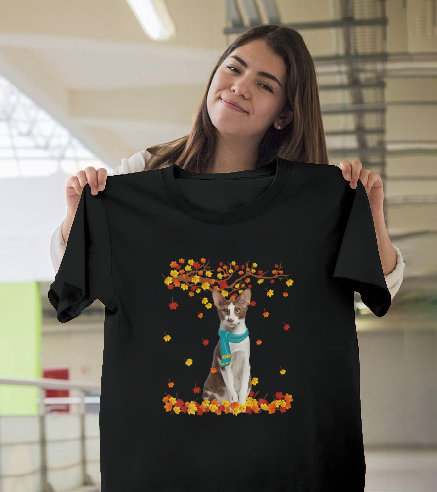 Oriental Shorthair Autumn Thanksgiving Cat with Leaves and Scarf T-Shirt