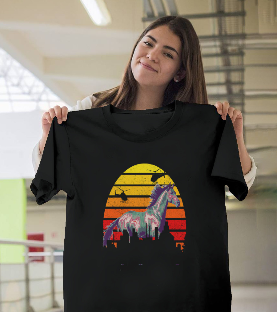 Horsezilla Colorful Vintage Sunset Helicopter Cityscape T-Shirt