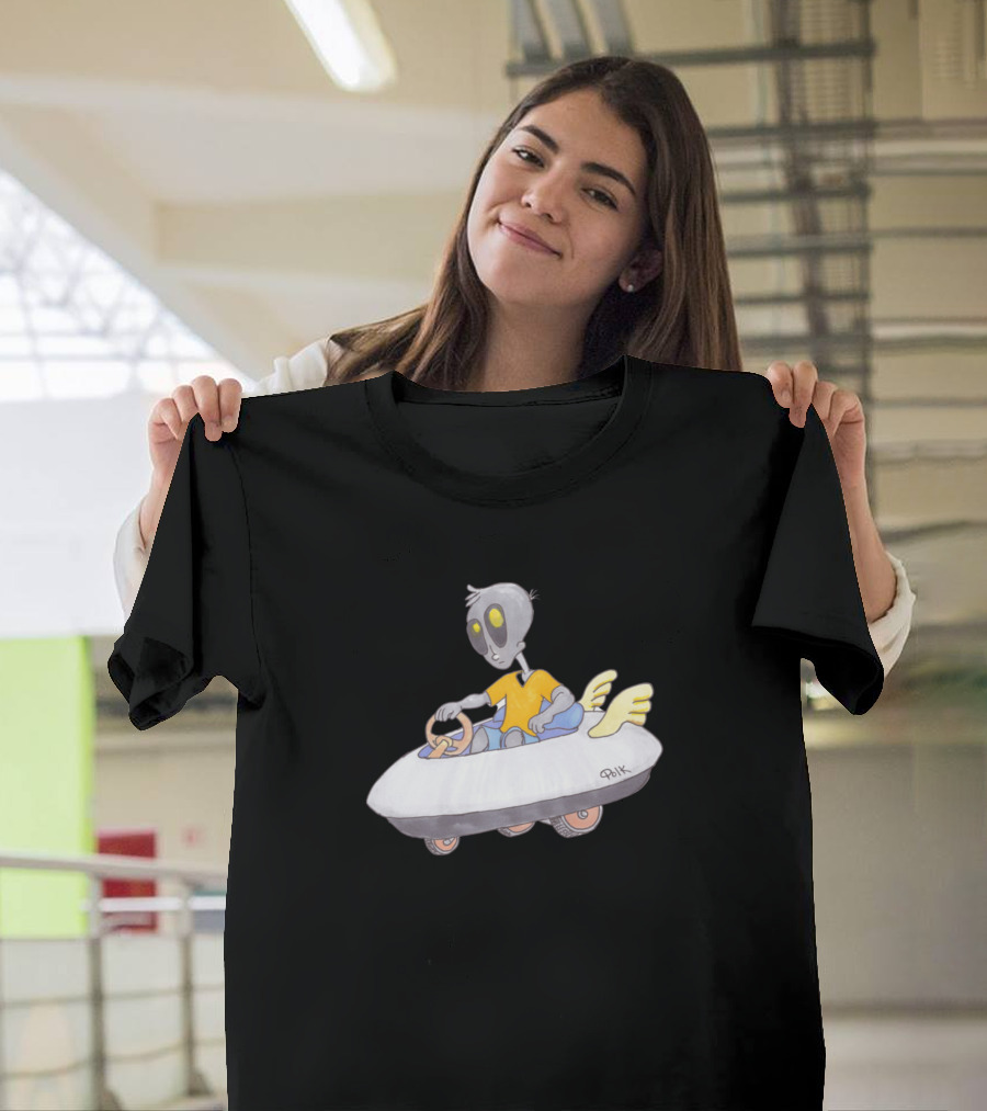 Scooter Alien Driving Winged Vehicle by Puk T-Shirt