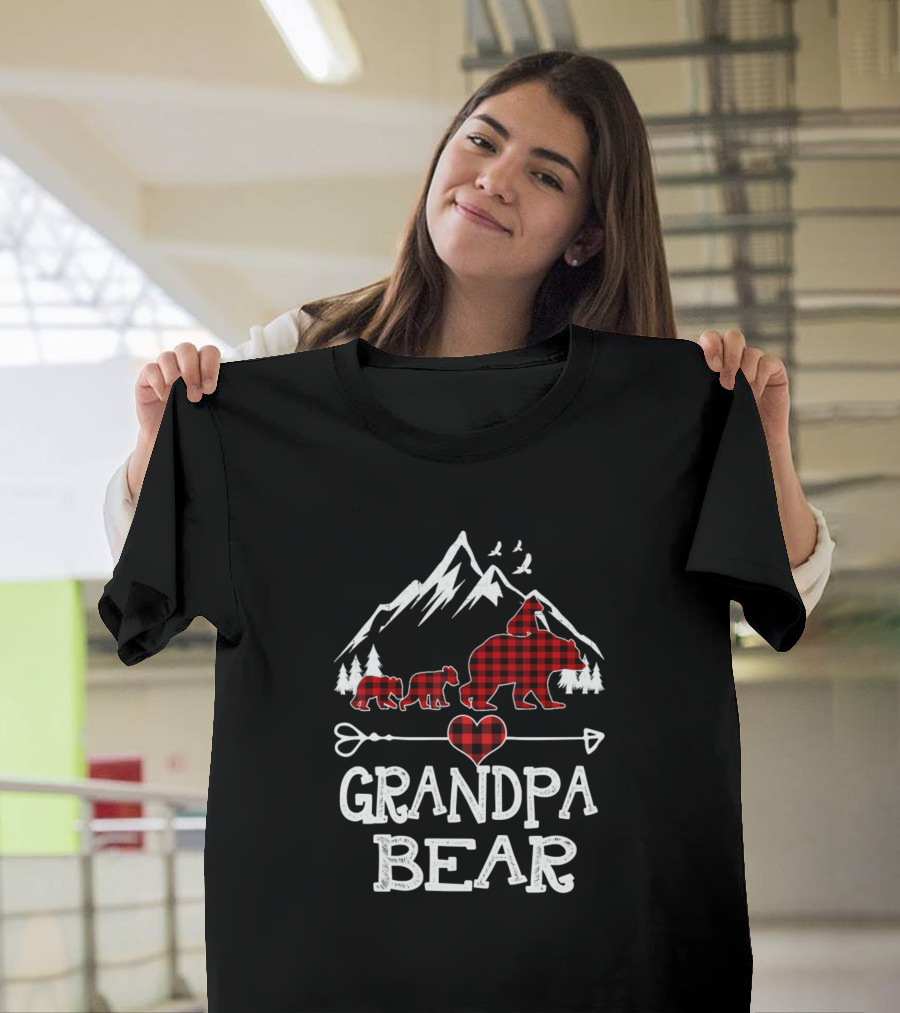 Grandpa Bear Red Plaid Buffalo Christmas Mountain Scene T-Shirt
