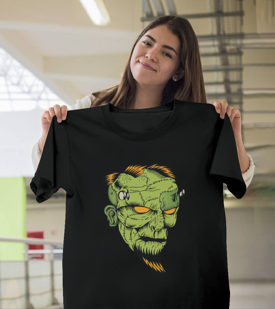 Green Evil Frankenstein-Inspired Zombie Head T-Shirt
