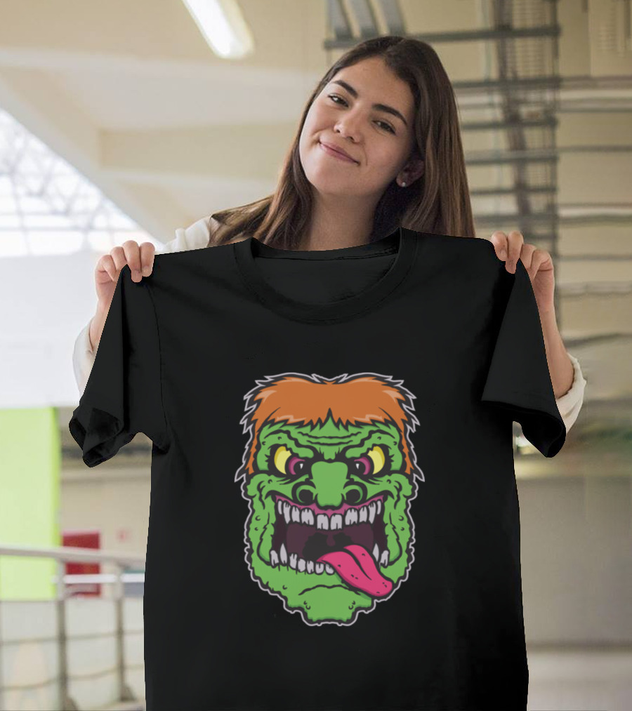 Green Zombie Face With Orange Hair And Tongue Out T-Shirt