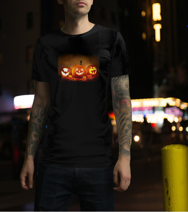 Halloween Pumpkins With Jack-O’-Lantern Carved Bat And Black Cat T-Shirt