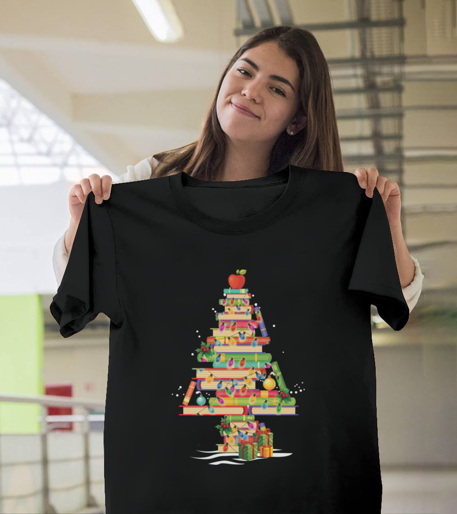 Merry Christmas Library Tree Stacked Books Cute Book Lover Decorated with Lights and Gifts T-Shirt