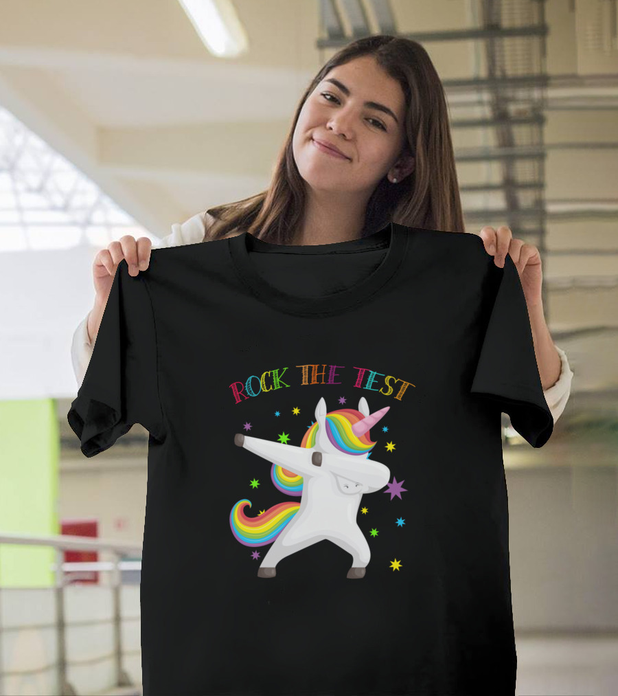 Rock The Test Unicorn Dabbing with Rainbow Stars T-Shirt