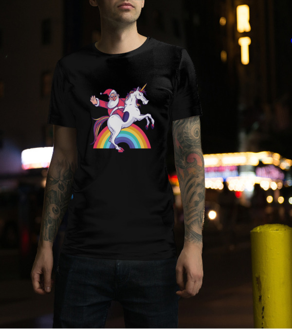 Santa Riding Unicorn Rainbow Funny Christmas Merry T-Shirt