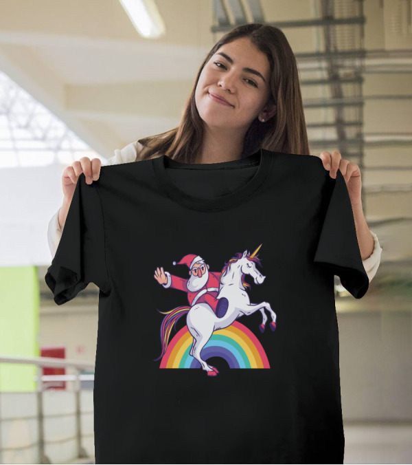 Santa Riding Unicorn Rainbow Funny Christmas Merry T-Shirt