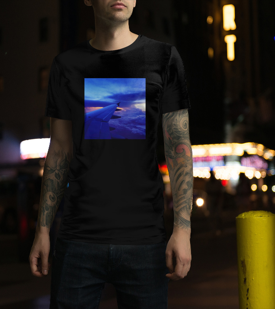 Sky View From Airplane Wing Over Sunset Clouds T-Shirt