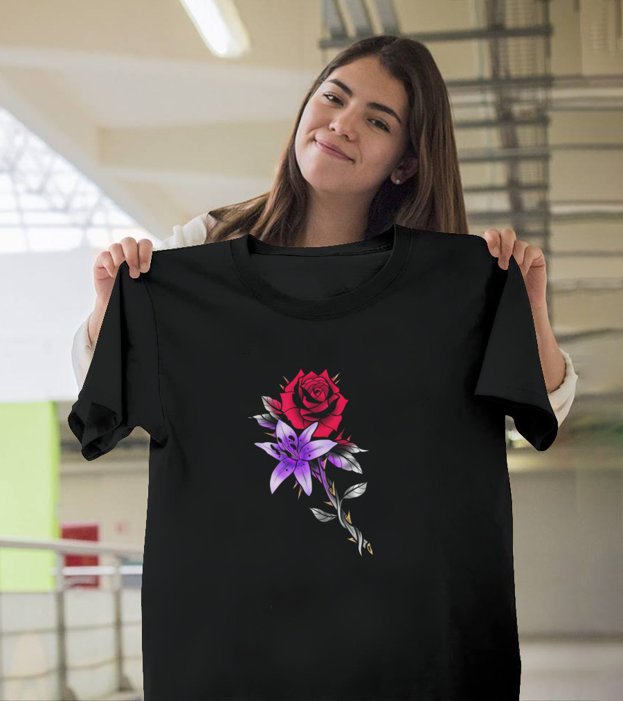 Thorns Red Rose and Purple Lily with Sharp Black and Gold Accents T-Shirt