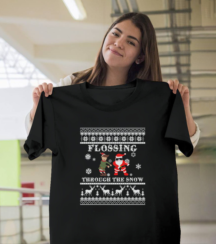 Flossing Through the Snow Ugly Christmas Sweater Santa and Elf Dance T-Shirt