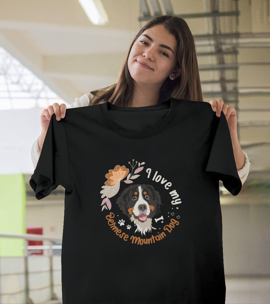 I Love My Bernese Mountain Dog Floral Heart Paws T-Shirt