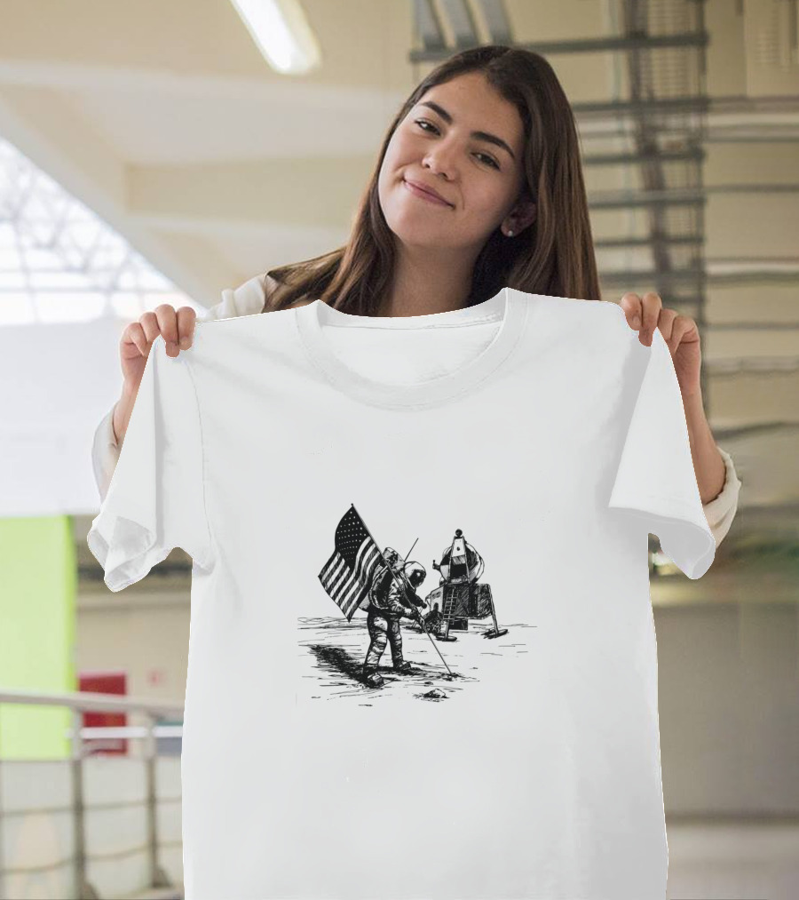 Apollo NASA Moon Landing Astronaut Planting Flag Drawing T-Shirt
