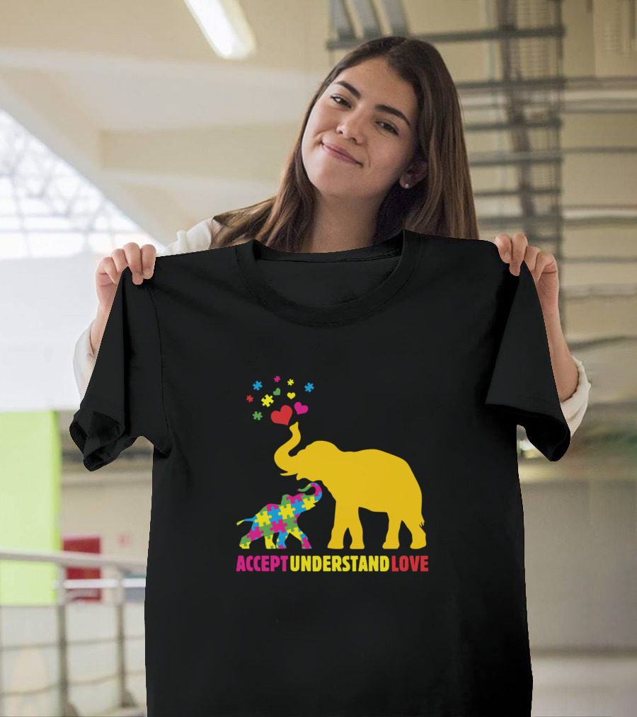 Accept Understand Love Autism Awareness Elephant Puzzle T-Shirt