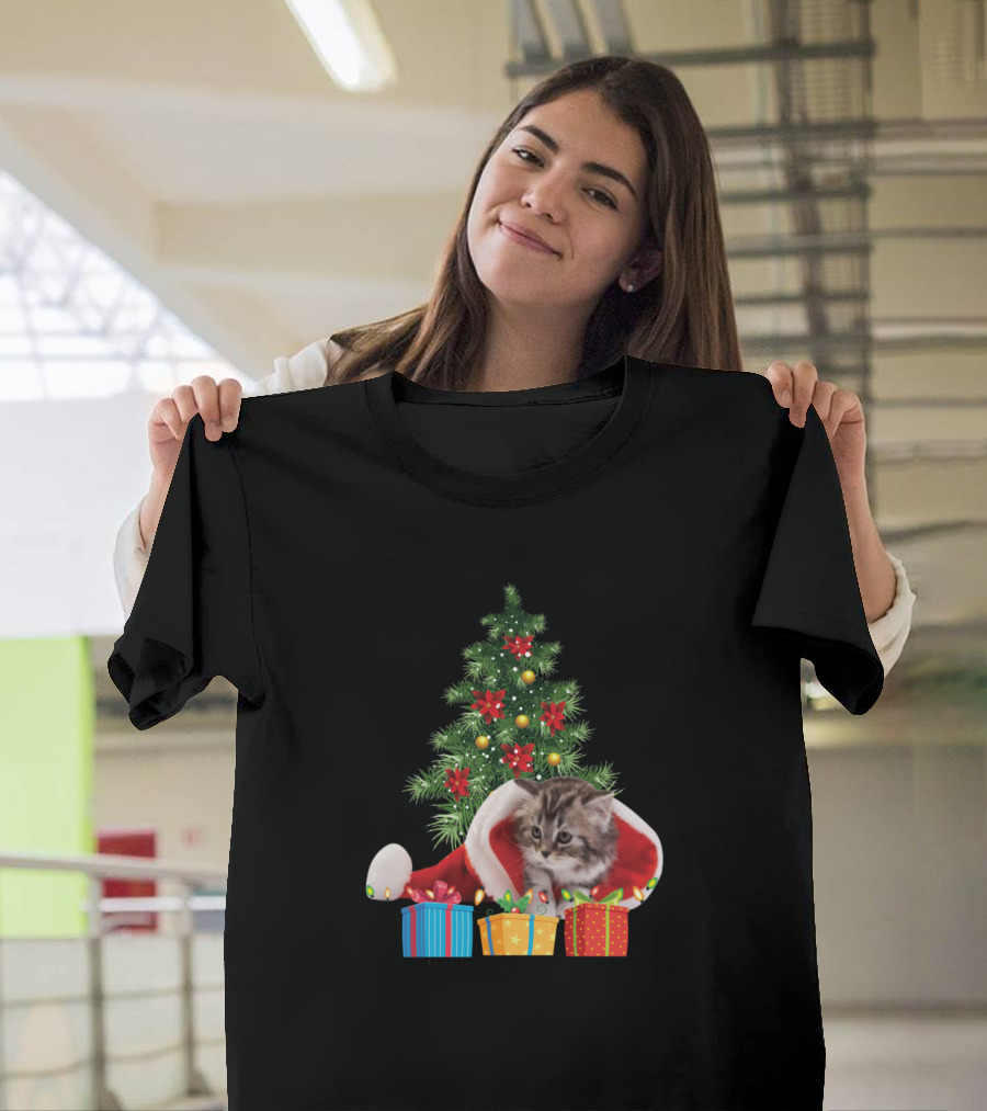 Cat Christmas Tree Kitten in Santa Hat with Presents T-Shirt