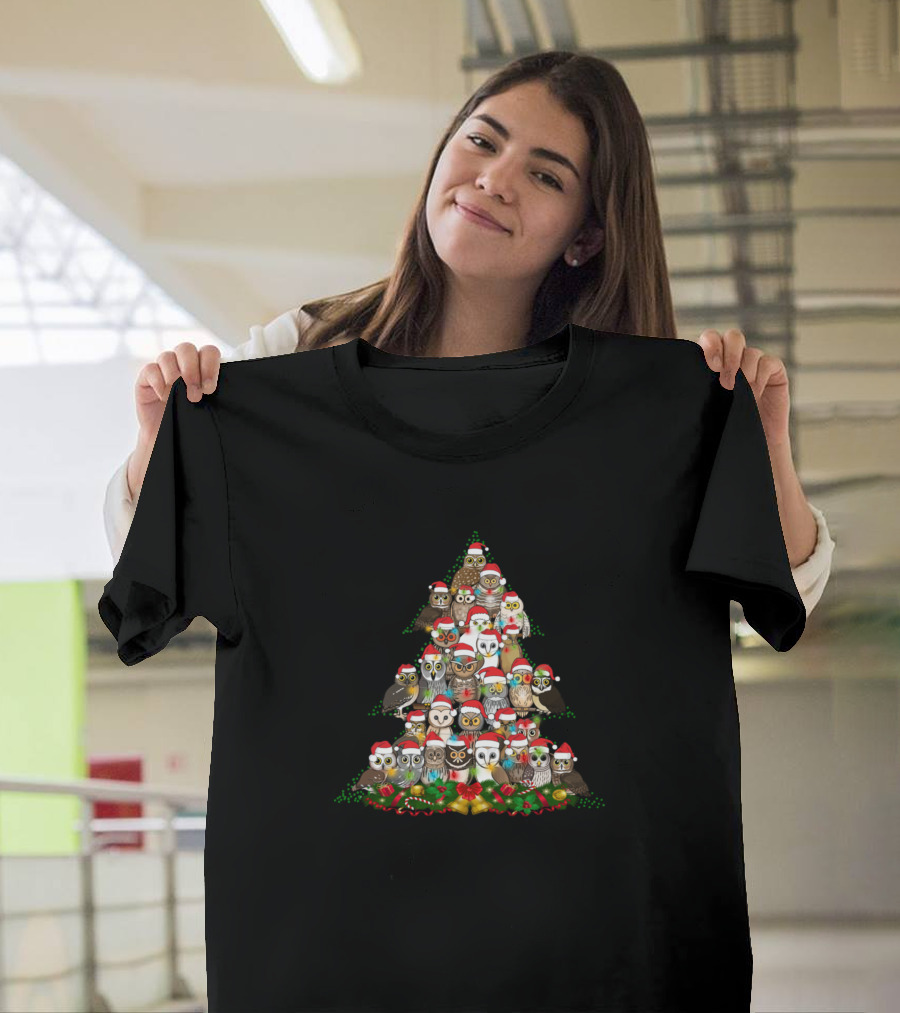 Christmas Tree Owls Santa Hat Festive Holiday T-Shirt