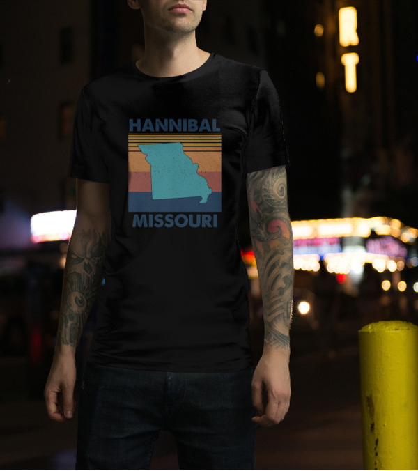 Hannibal Missouri Retro State Silhouette Graphic With Stripes T-Shirt