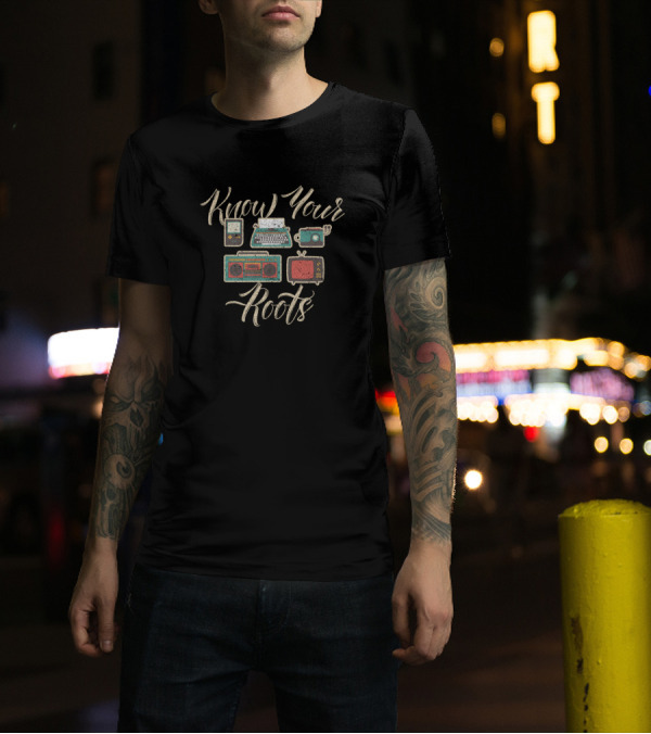 Know Your Roots 90s Electronics Party With Boombox Typewriter TV Game Console T-Shirt