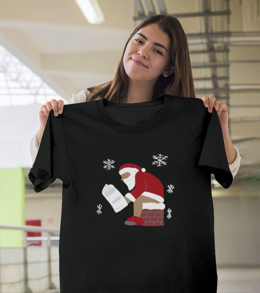 Santa's Christmas Present Sitting in Chimney with Snowflakes T-Shirt