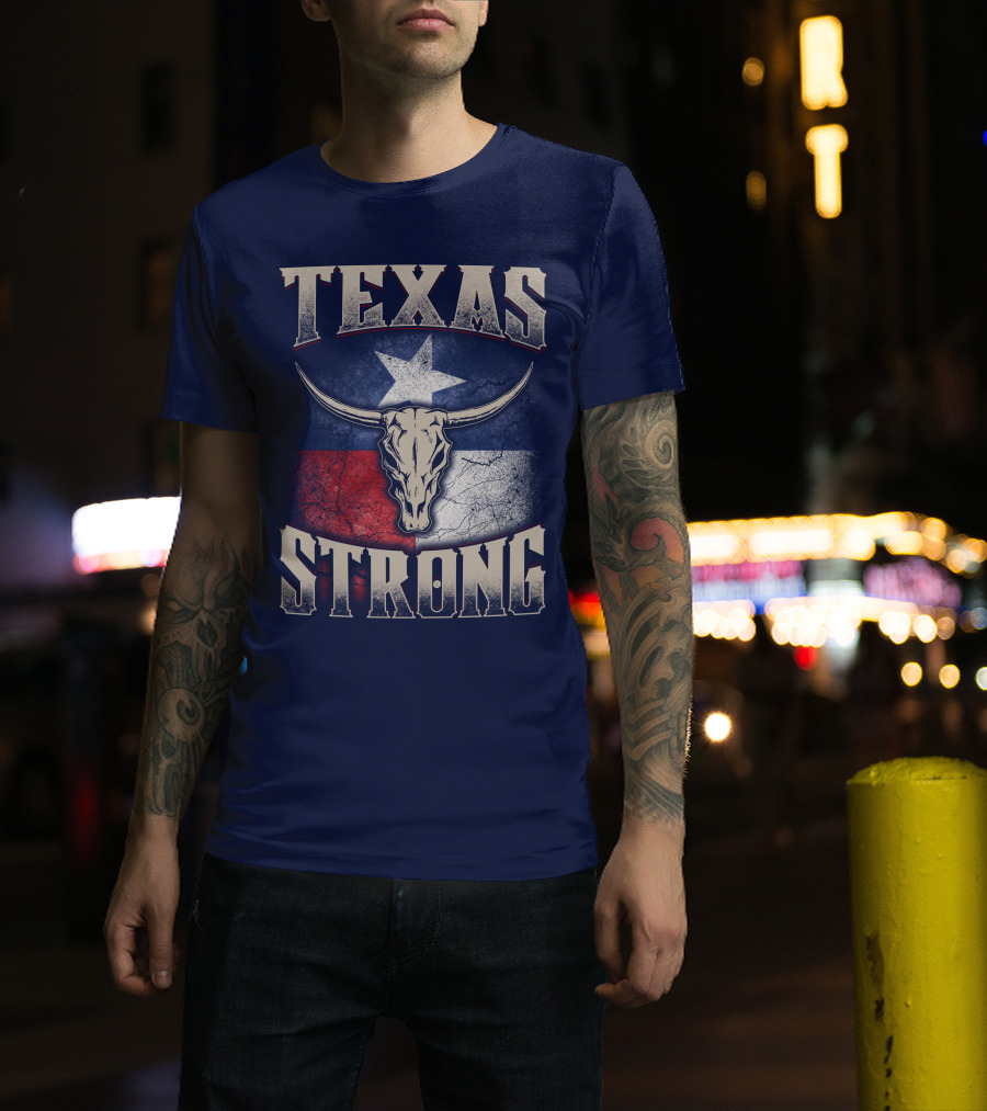 Texas Strong Longhorn Skull With Texas Flag T-Shirt