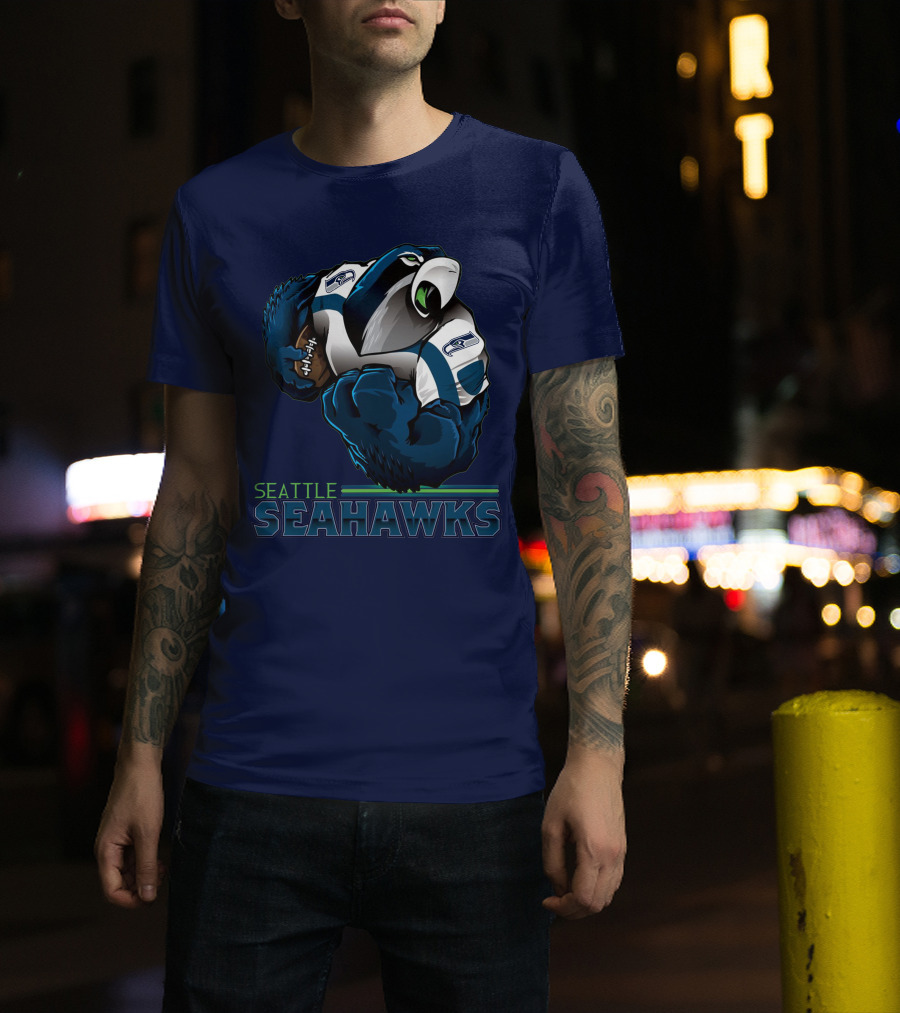 Seattle Seahawks Powerful Mascot With Football Iconic Team Spirit T-Shirt