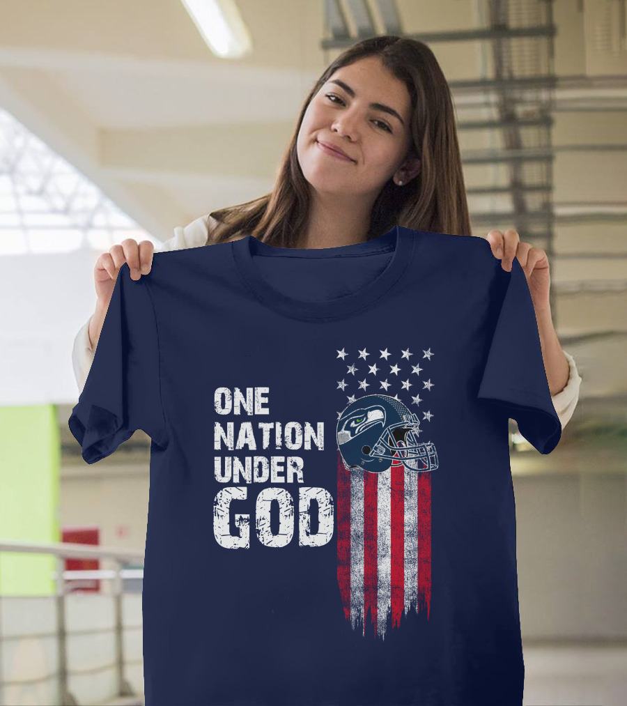 One Nation Under God Seattle Seahawks Flag Helmet Stars Stripes T-Shirt