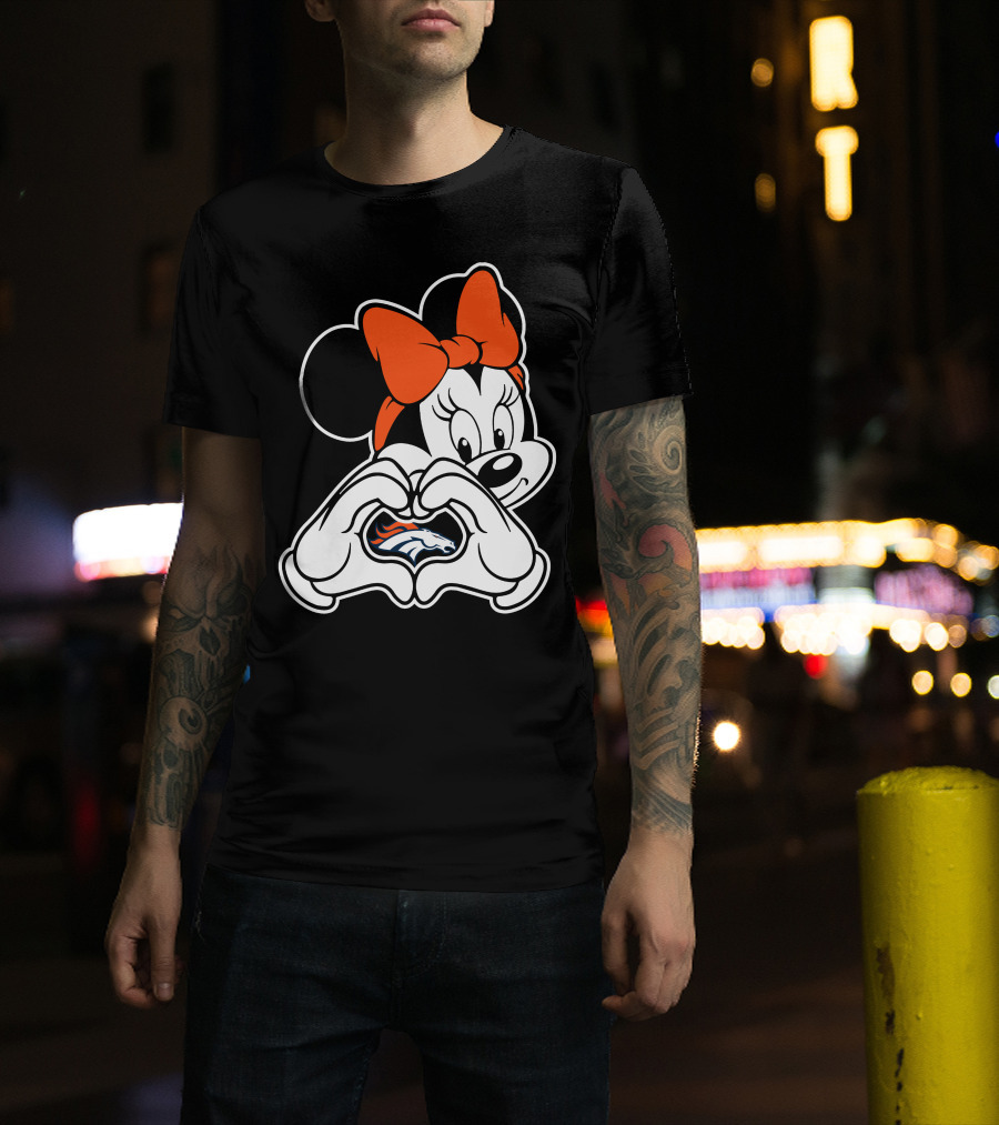 Minnie Mouse Heart Hands Denver Broncos Logo On Black Background With Orange Bow T-Shirt