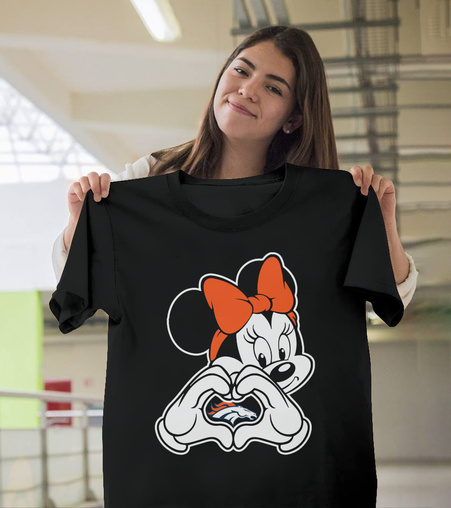 Minnie Mouse Heart Hands Denver Broncos Logo On Black Background With Orange Bow T-Shirt