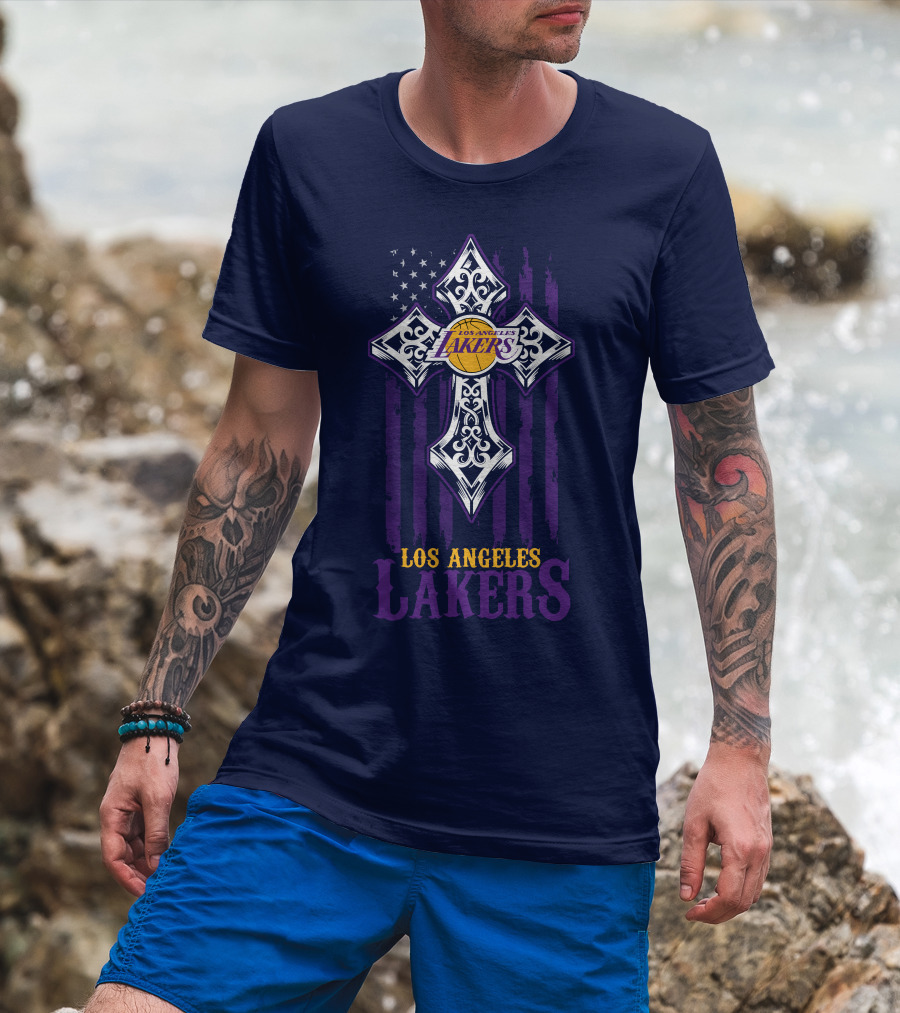 Los Angeles Lakers Cross American Flag T-Shirt