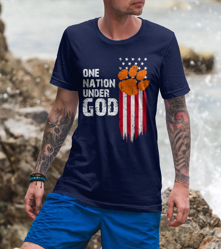 One Nation Under God Clemson Tigers American Flag Paw Print T-Shirt
