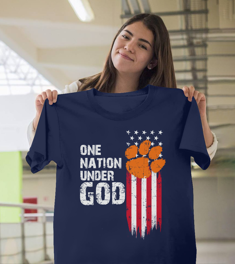 One Nation Under God Clemson Tigers American Flag Paw Print T-Shirt