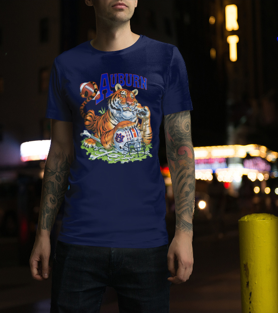 Auburn Tigers Football Tiger Holding Helmet With Bones And Football T-Shirt